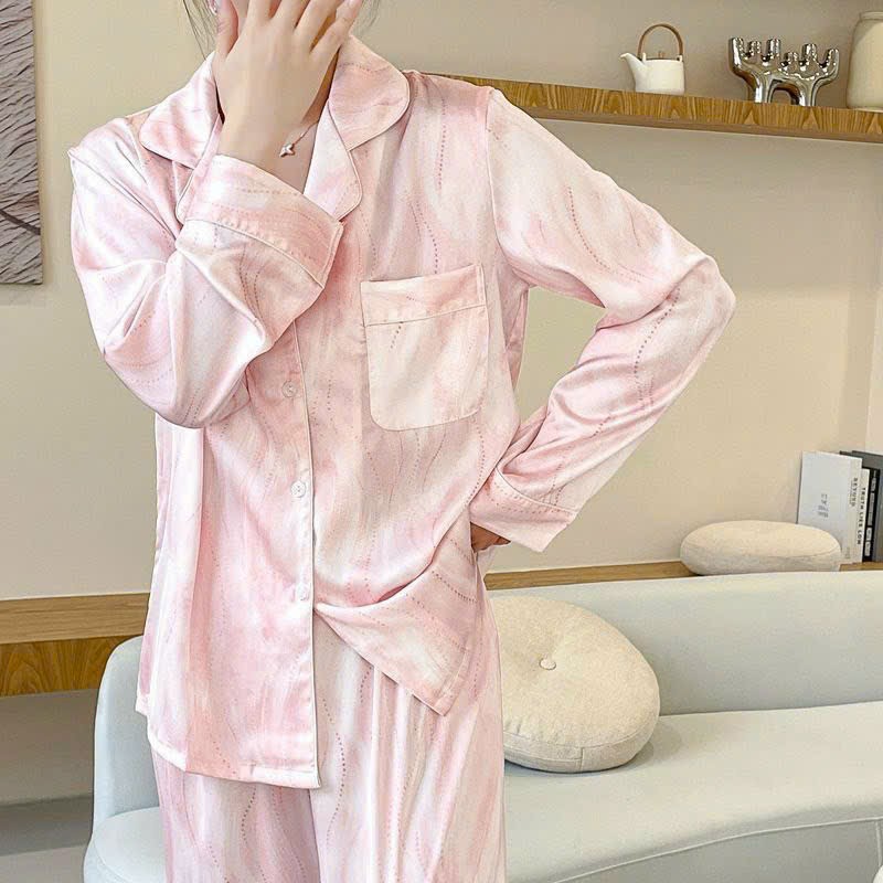 Bộ đồ pijama lụa mịn tô châu tay dài họa tiết loang size M