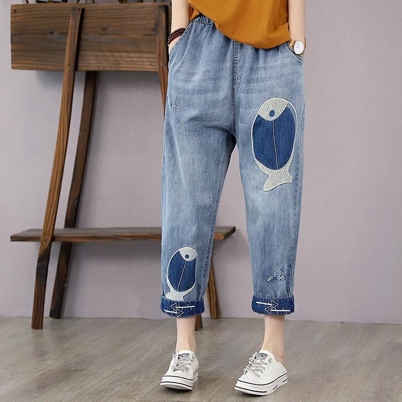 Quần Jeans Lửng Lưng Cao Dáng Rộng Thêu Họa Tiết Phong Cách Retro Cho Nữ