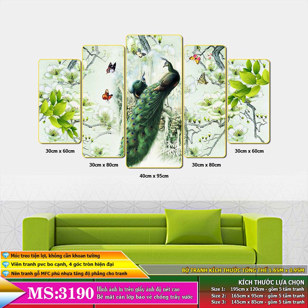 Tranh treo tường 5 tấm trang trí phòng khách, phòng ngủ, phòng ăn Chim công khổng tước: 3190L5