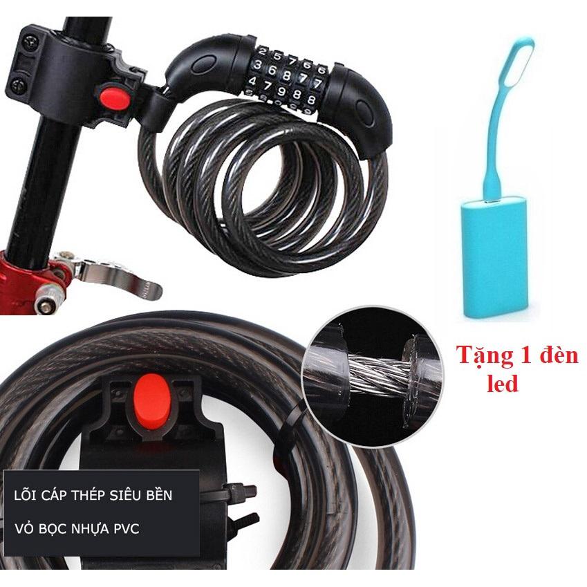 Khóa dây xe đạp 5 số dài 1.2m đổi được mã Tặng 1 đèn led cắm cổng USB