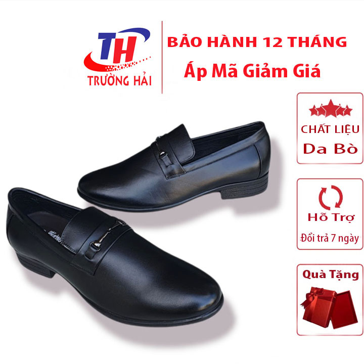 Giày tây nam BIGSIZE Trường Hải mũi nhọn da bò thật Màu đen đế cao su không trơn may chắc chắn GT146