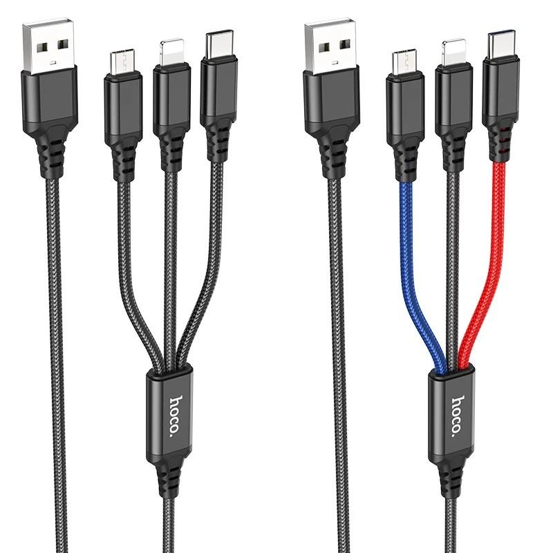 Cáp sạc nhanh 3 đầu Hoco X76 2A, dây sạc bọc dù đa năng, phù hợp với mọi loại dt hàng chính hãng