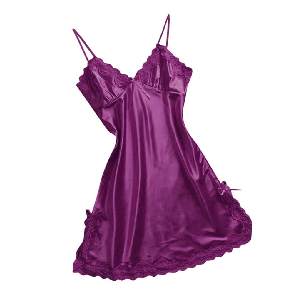 Womens Sexy Lingerie Sleepwear Satin Bowknot Lace Babydoll Cami Dress