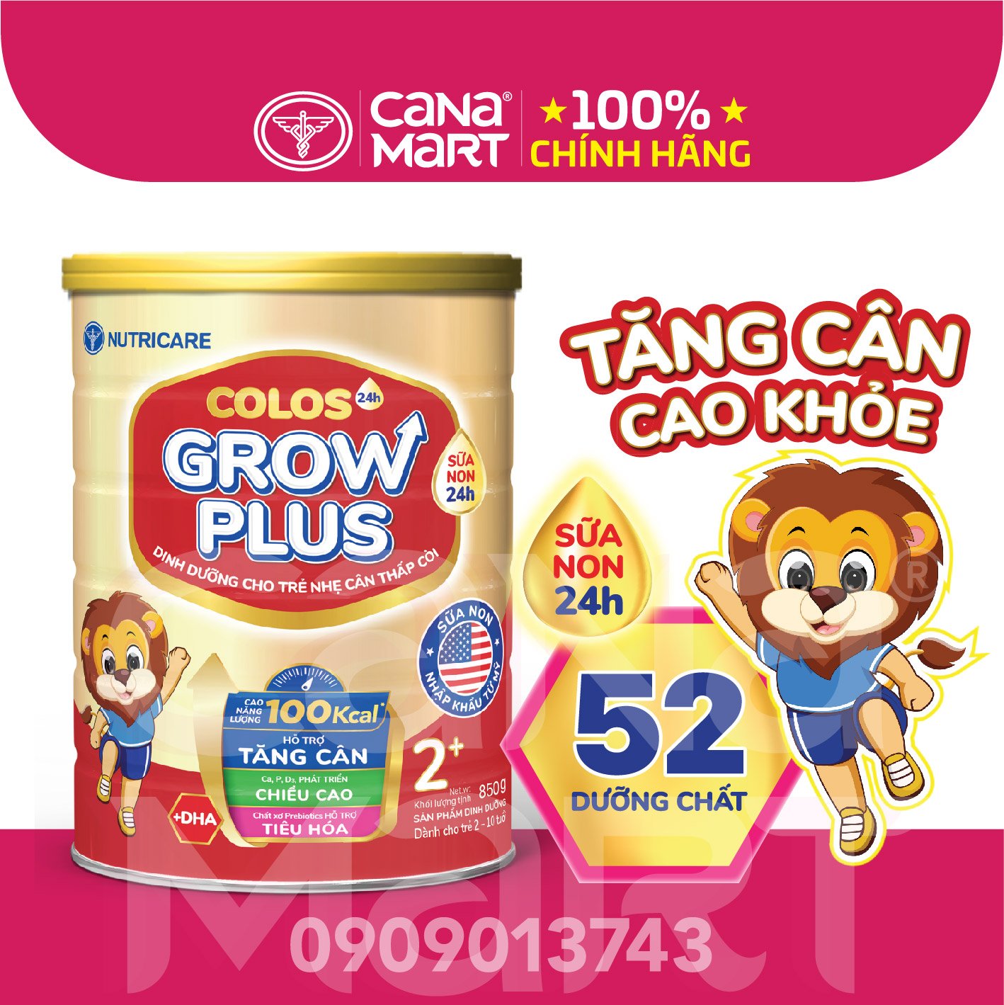 Sữa bột Nutricare Colos 24h Grow Plus 2+ giúp trẻ phát triển toàn diện (850g)