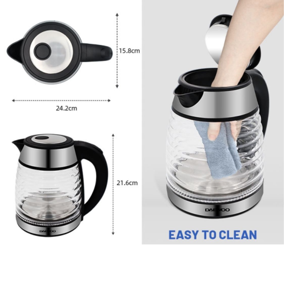 Ấm siêu tốc thủy tinh 1.7L Daewoo DWK-GL1803 thiết kế vỏ sò đèn LED độc đáo - Hàng chính hãng