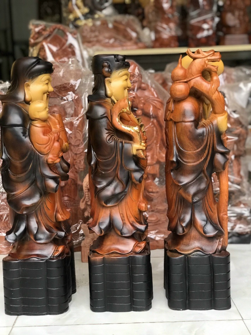 Bộ tượng phật tam đa phúc lộc thọ bằng gỗ hương tô làm mầu giả cổ kt cao 60×18×16cm