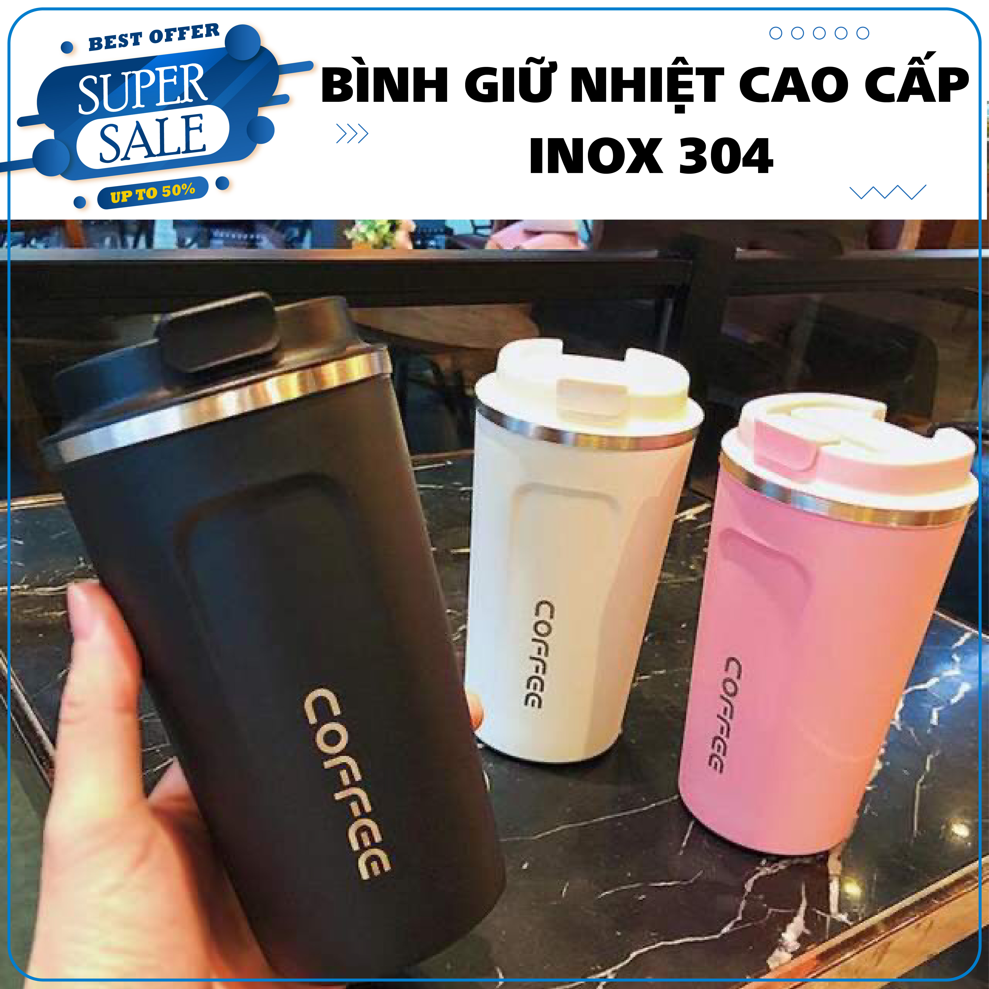 Bình giữ nhiệt COFFEE 380ml, đựng đồ uống đi làm, đi chơi tiện lợi và thoải mái (Giao màu ngẫu nhiên)