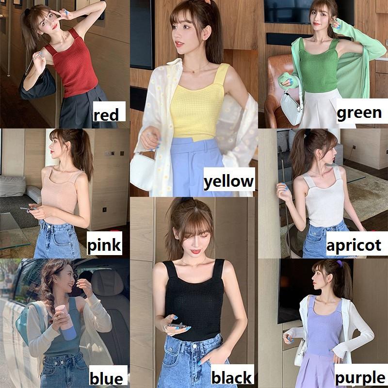 Áo Croptop Dệt Kim Sát Nách Cổ Vuông Màu Trơn Xinh Xắn Cho Nữ