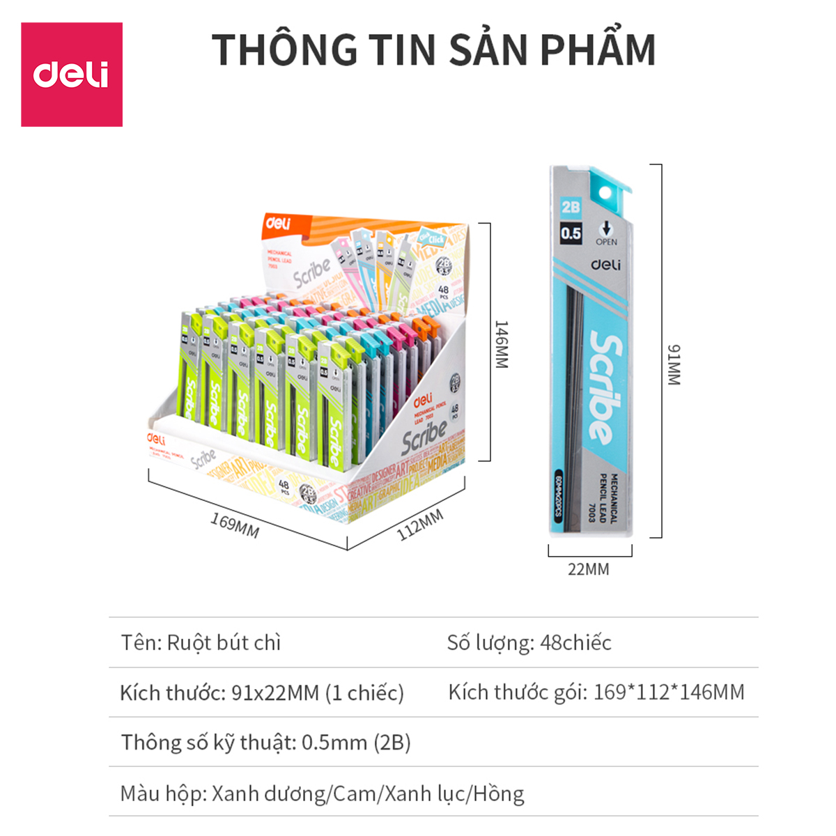 Ruột Bút Chì 0.5Mm Deli, Xanh Dương/Cam/Xanh Lục/Hồng - 2 Ống - E7003