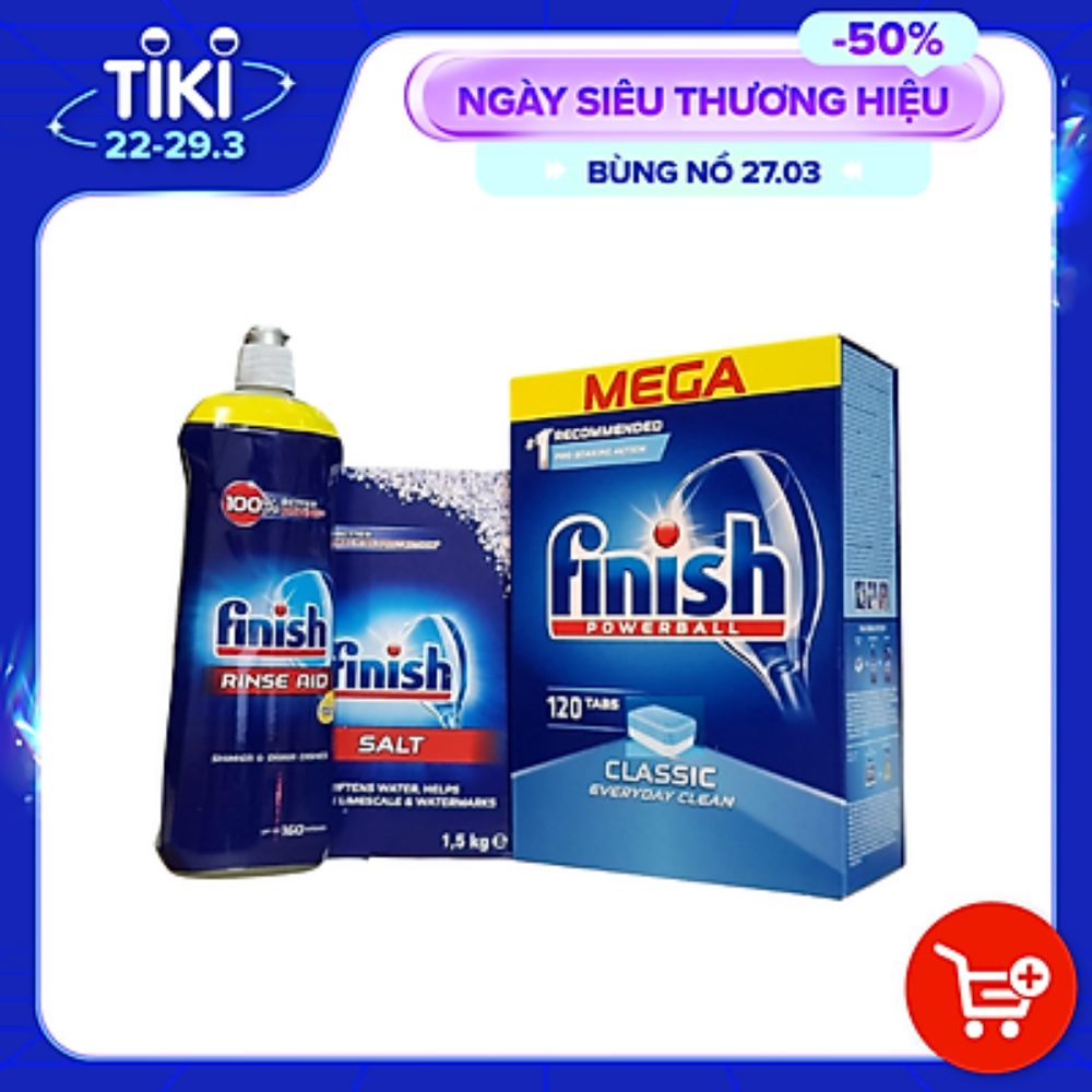 Combo muối rửa bát Finish 1,5kg+viên rửa bát Finish 120 viên+Nước làm bóng bát chén finish 800ml