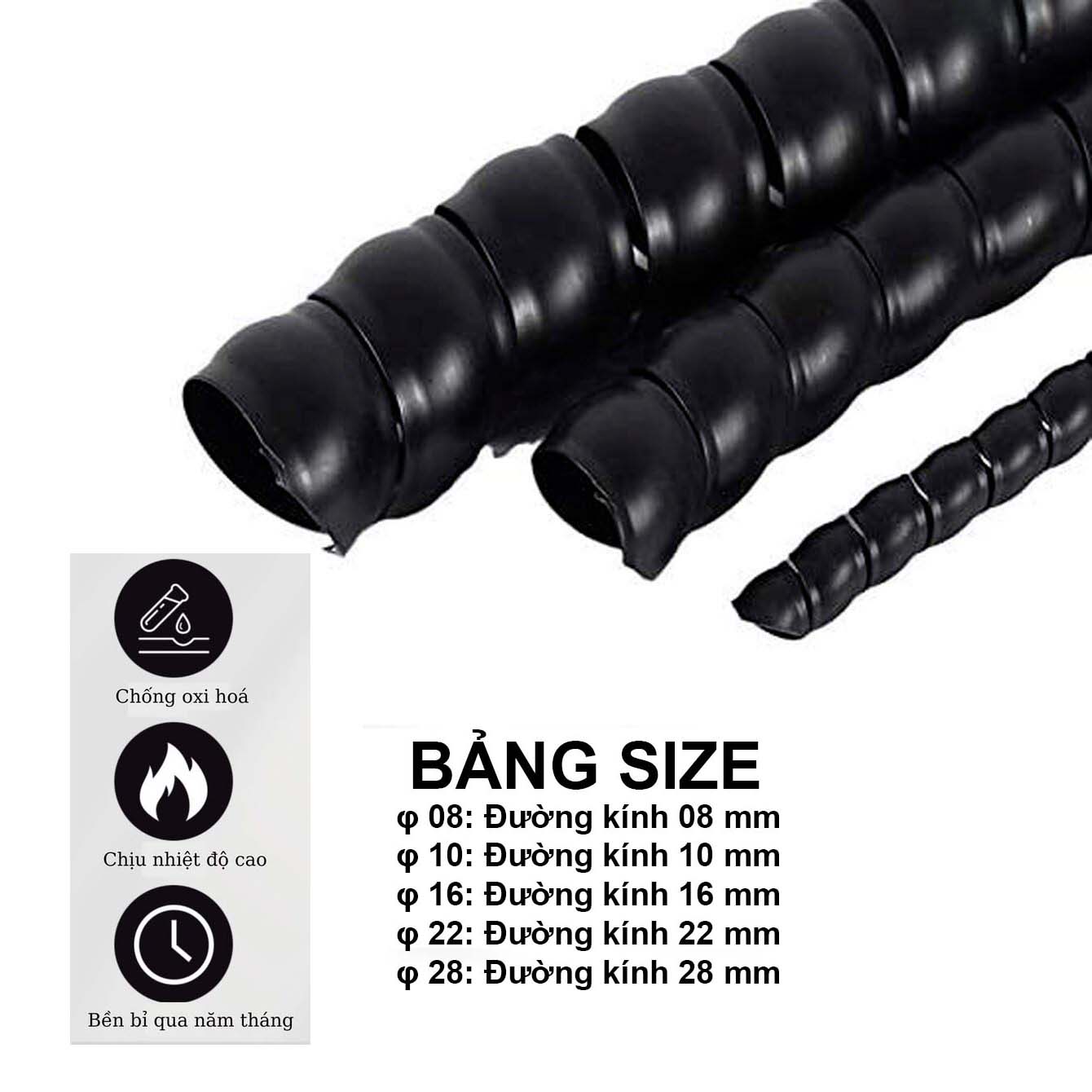 Cuộn dây xoắn ruột gà chống mài mòn, chống cuộn rối vòi nước rửa xe cao áp, dây bọc điện phi 6/8/10/12/16/20mm  dài 4 mét