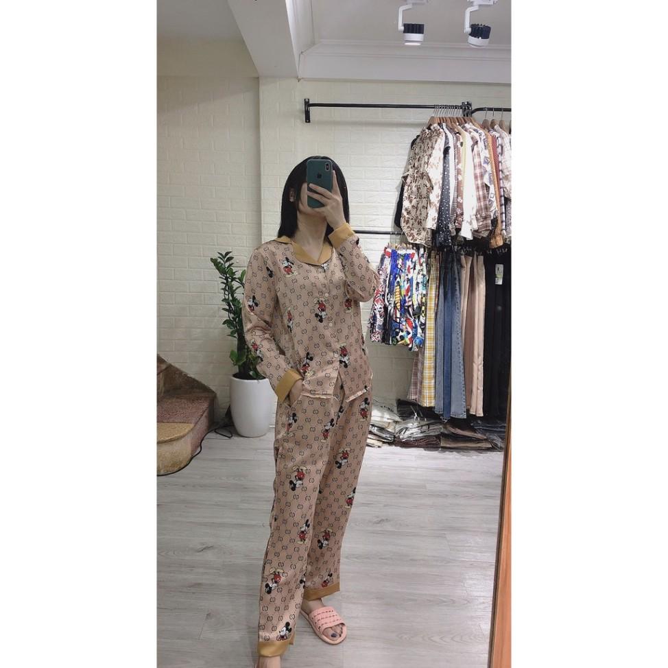 freeship Bộ đồ ngủ pijama dài tay lụa cao cấp Satin họa tiết mickey nâu siêu đẹp ( Hàng loại đẹp)