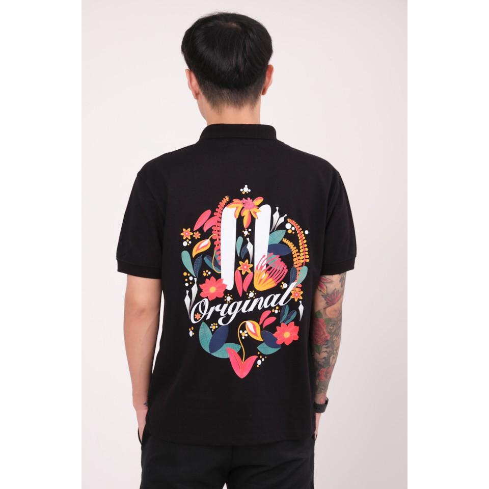 Áo thun Polo Nam Cao cấp in họa tiết Flower Leaf, Form Slim fit Màu ĐEN và TRẮNG