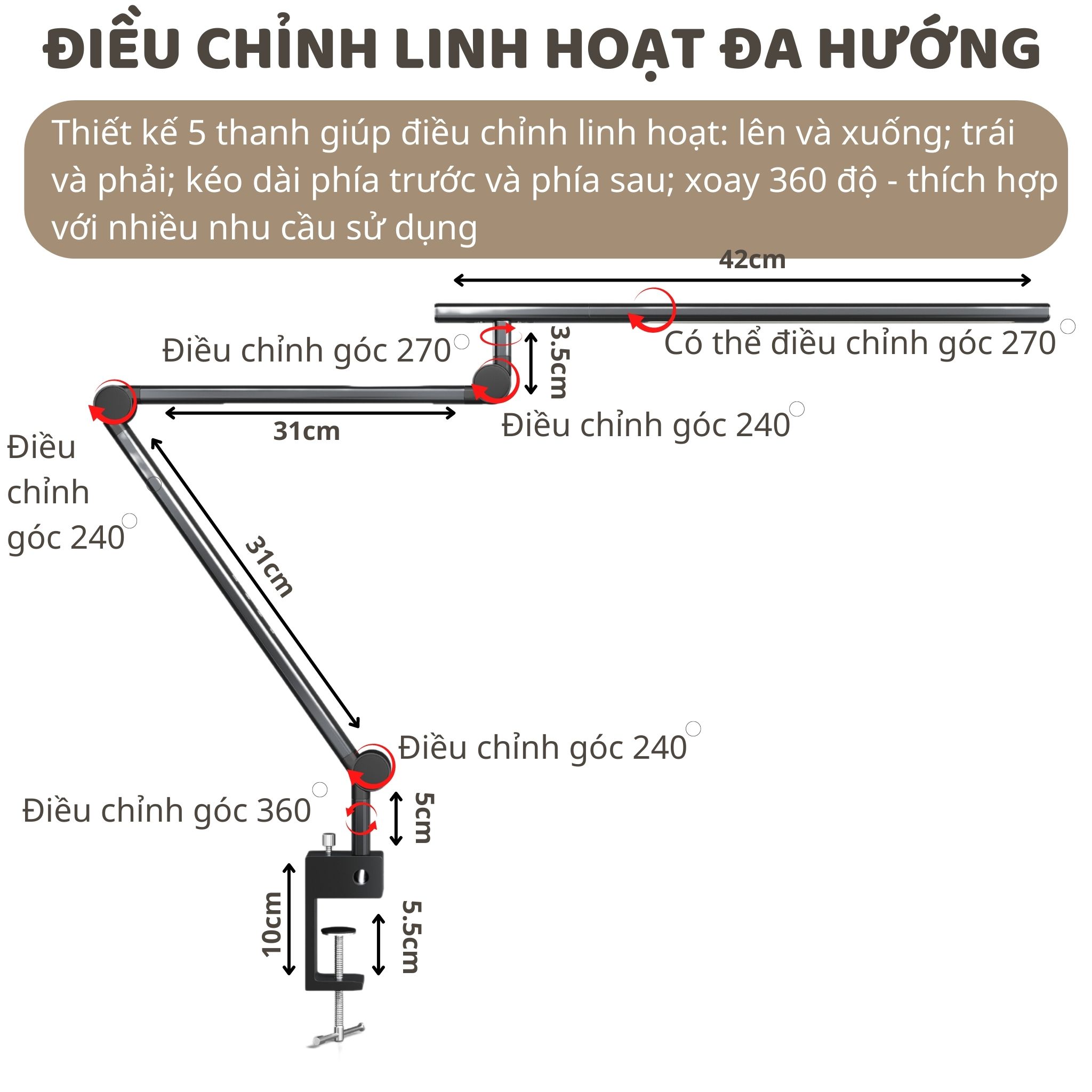 Đèn bàn học Led bảo vệ mắt Ergo Edge 1 DandiHome chống cận để làm việc, đọc sách cao cấp có thể kéo dài và gấp gọn - 3 chế độ sáng thông minh