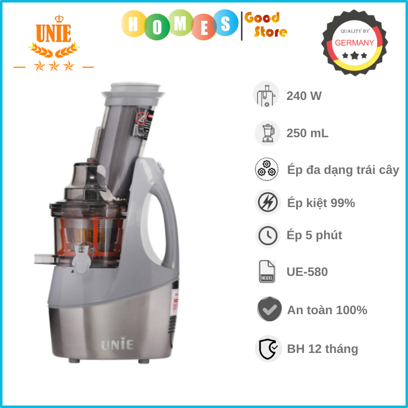 Máy Ép Trái Cây, Máy Ép Chậm UNIE UE-580 Tiêu Chuẩn Đức, Ép Kiệt Bã 99% Không Kẹt Máy Dung Tích 250 ML Công Suất 240 W - Hàng Chính Hãng