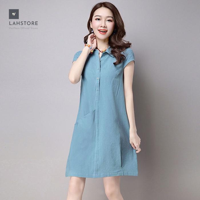 Đầm suông cổ sơ mi LAHSTORE phối túi bên hông, thời trang phong cách Hàn