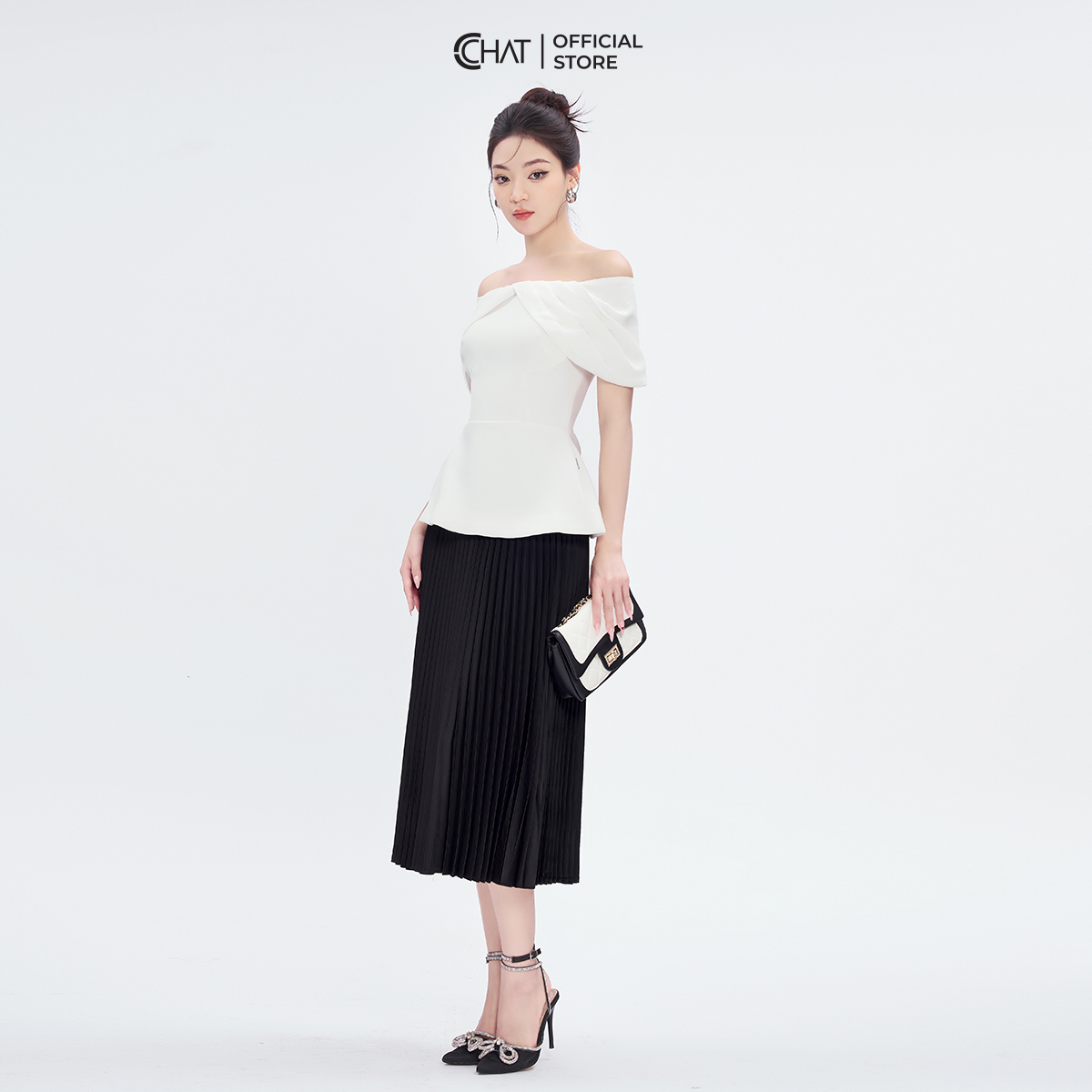 Áo Kiểu Nữ  Dáng Peplum Trễ Vai Xếp Nếp Chất Tuytsi Cao Cấp 53ANS2018PT