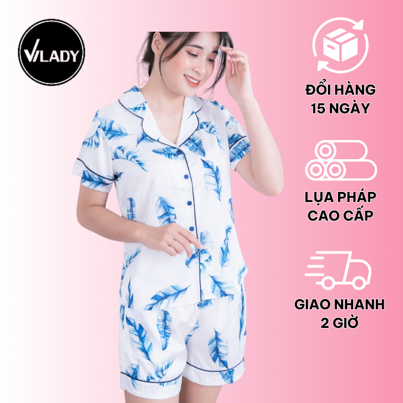 Hình ảnh Bộ đồ Pyjama nữ, đồ mặc nhà VILADY - B106 kiểu quần đùi tay ngắn họa tiết lá xanh, chất liệu lụa Pháp (lụa latin) cao cấp