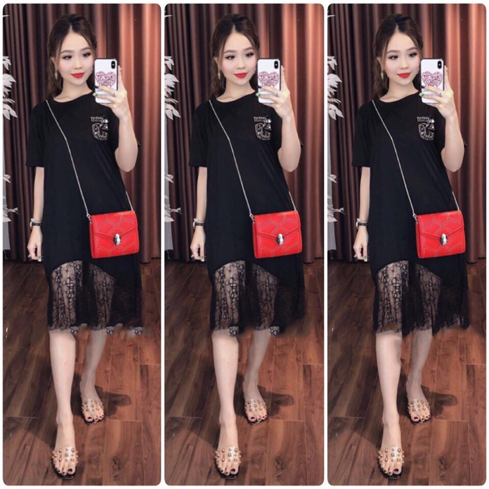 Đầm suông thun đen phối ren siêu xinh