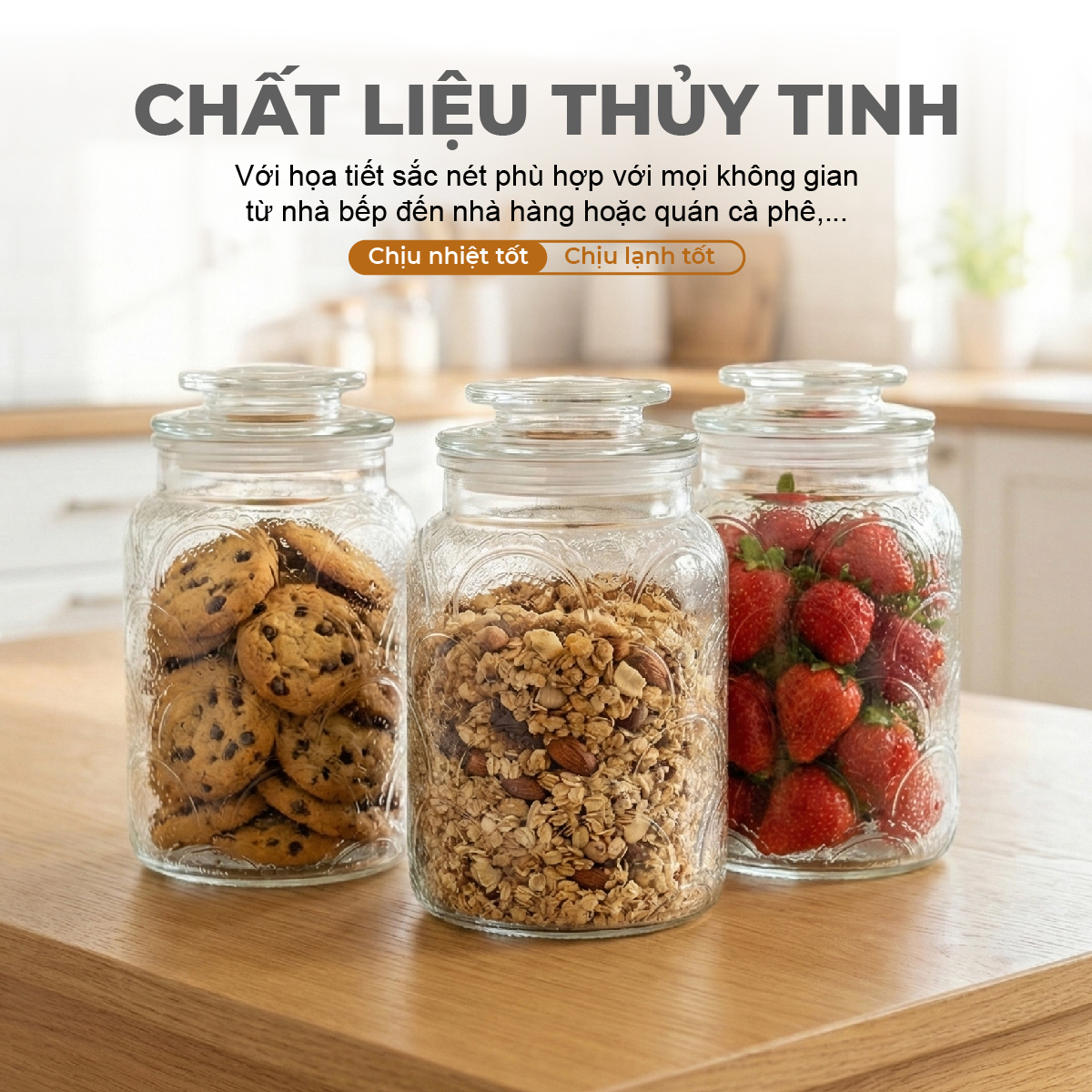 Bộ 3 Hũ Thủy Tinh Đựng Thực Phẩm Lebenlang LBL1210, Nắp Kín, Hoa Văn, Dung Tích 1L, 1.3L, 1.5L - hàng chính hãng