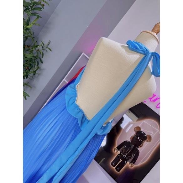 Đầm váy maxi loang màu xanh voan dập ly cổ yếm cột nơ hở lưng Ivy fashion đi biển dự tiệc dạo phố bigsize gợi cảm