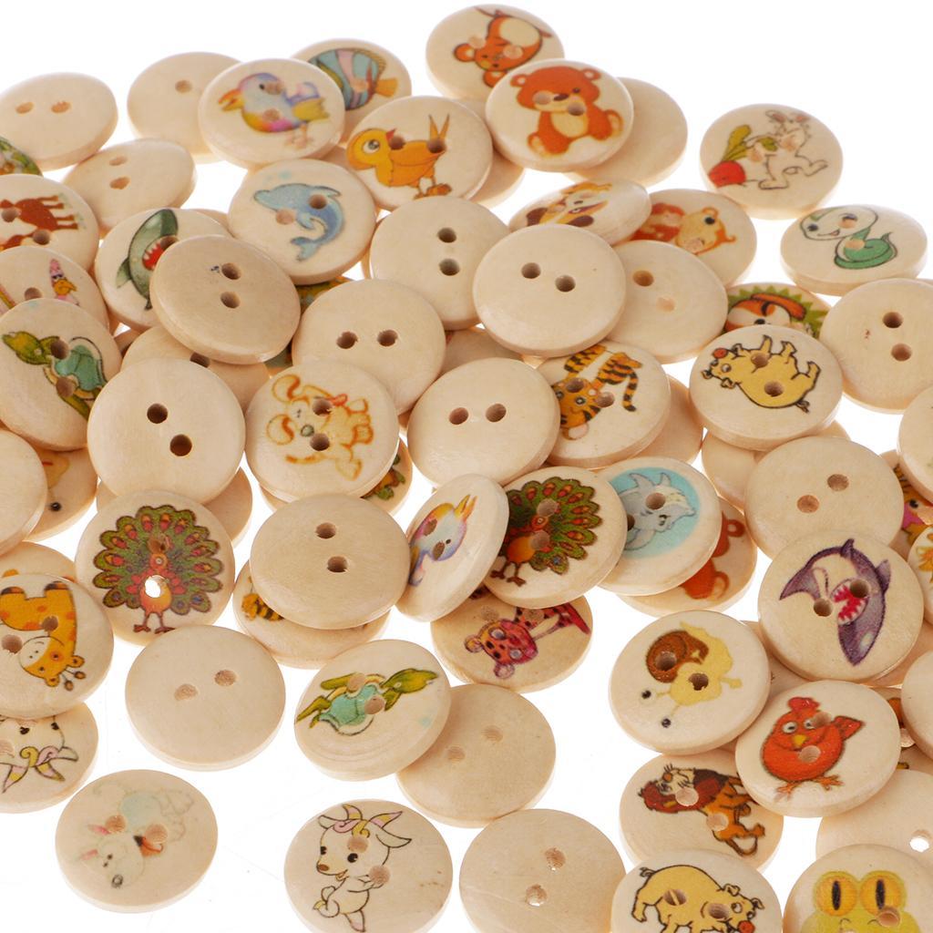100 Pieces Animals Printed Round 2 Holes Wooden Buttons for Sewing DIY Craft 15mm