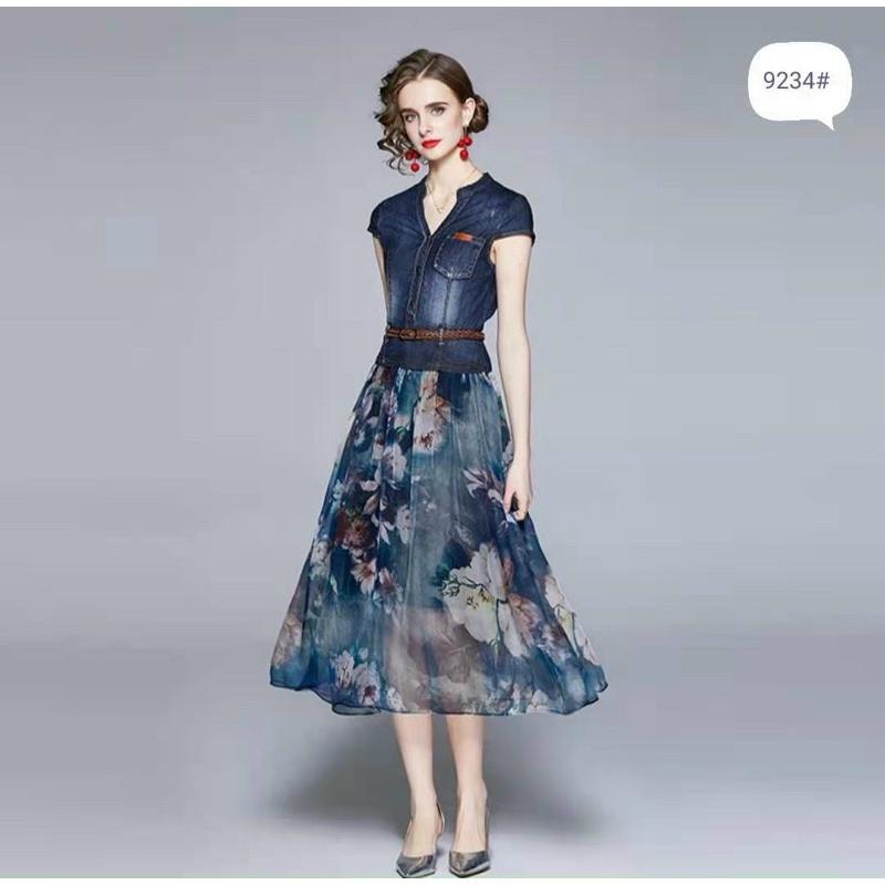 Đầm xòe denim phối vol lụa tơ .Size MLXL