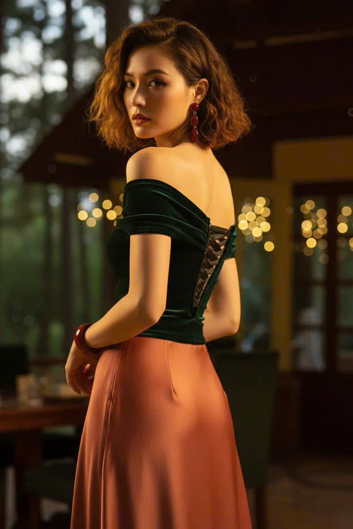 Áo Kiểu Nữ Cao Cấp Áo Trễ Vai Nhung Xanh Thời trang thiết kế Hity TOP115