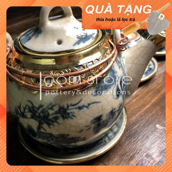 Ấm trà Bát Tràng men rạn giả cổ dáng quả dưa bọc đồng