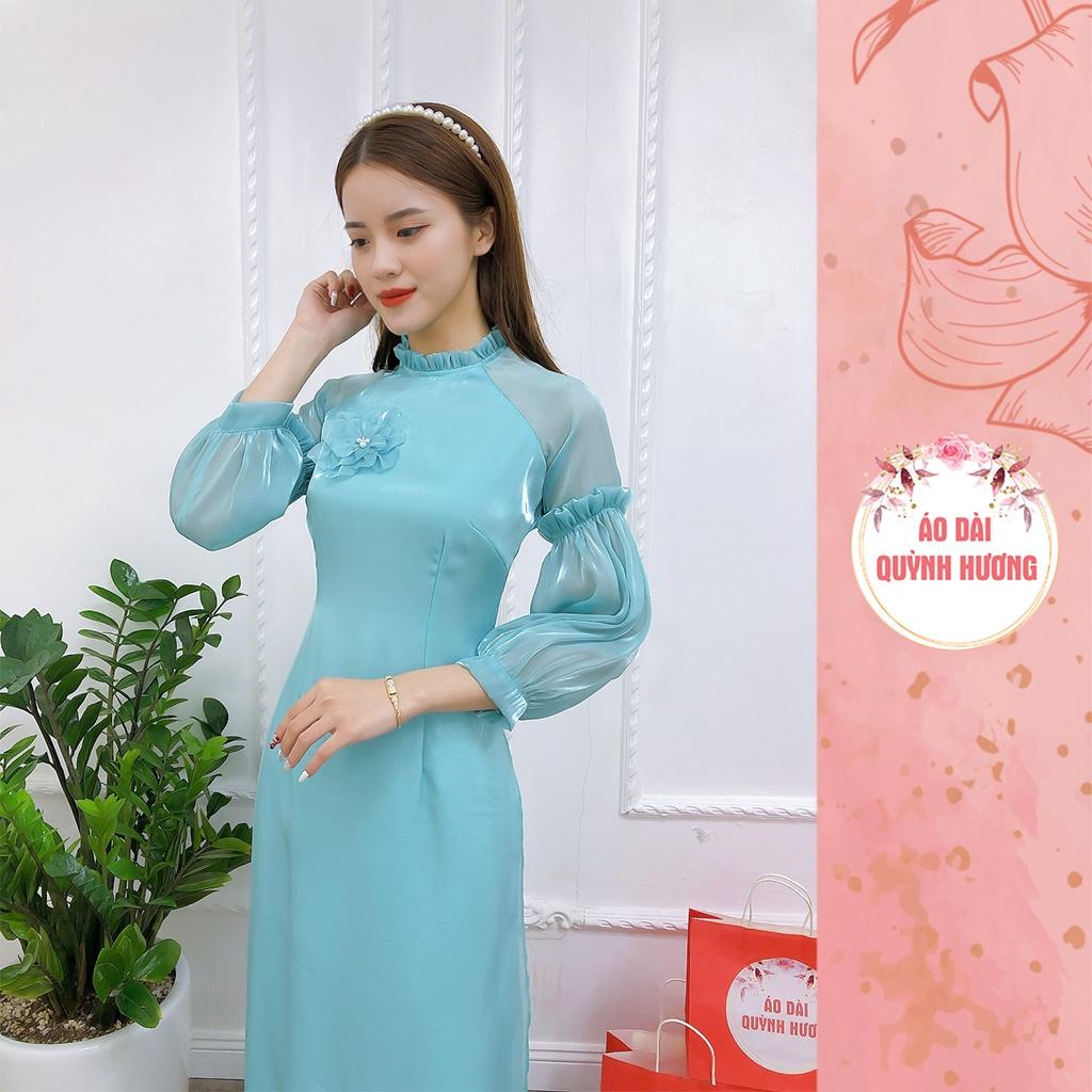 Áo dài xanh voan tơ Tay chun bồng cách điệu