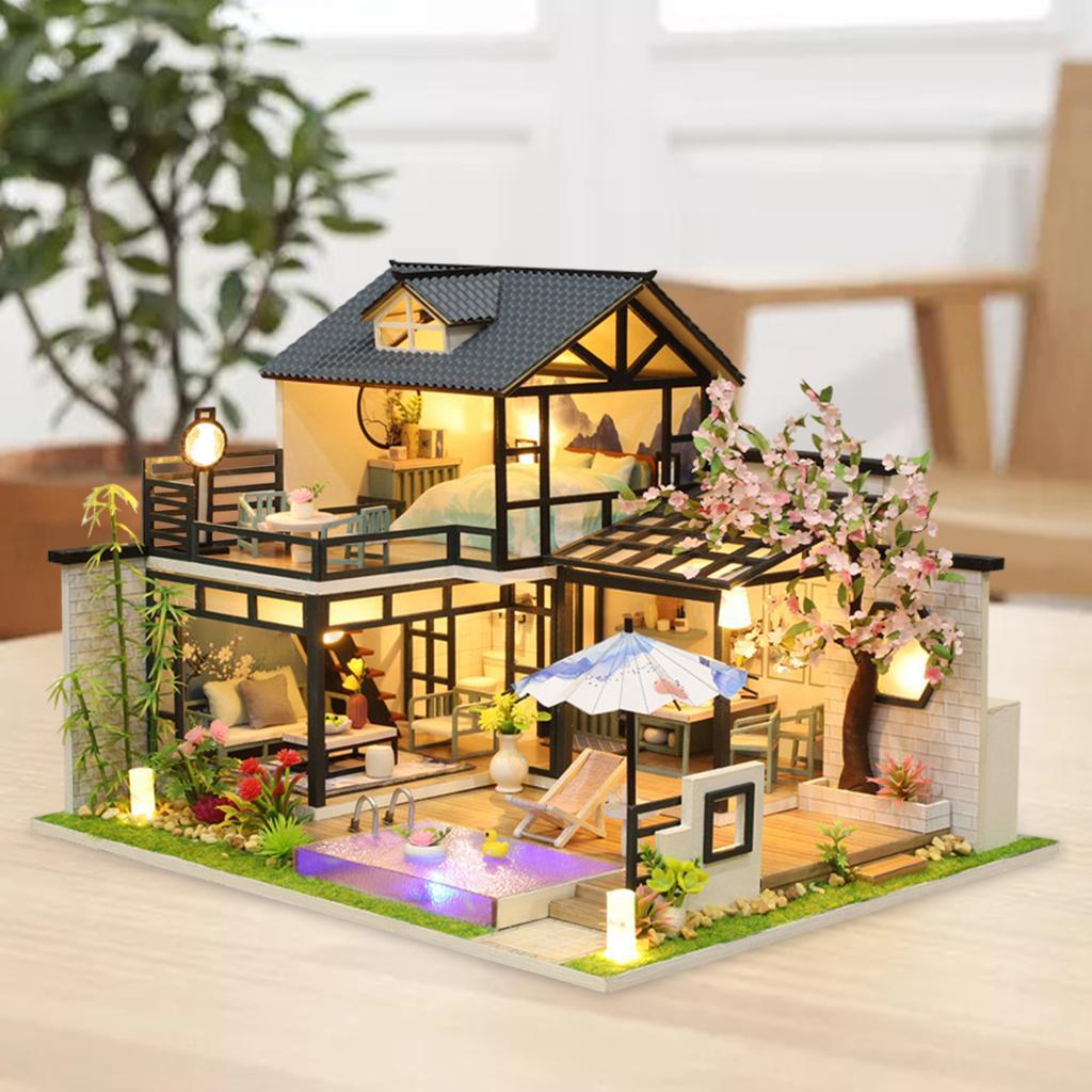 Wooden Dollhouse with Lights and Furniture Accessories, DIY Romantic Creative Villa House Room Set Gift for Ages 3+