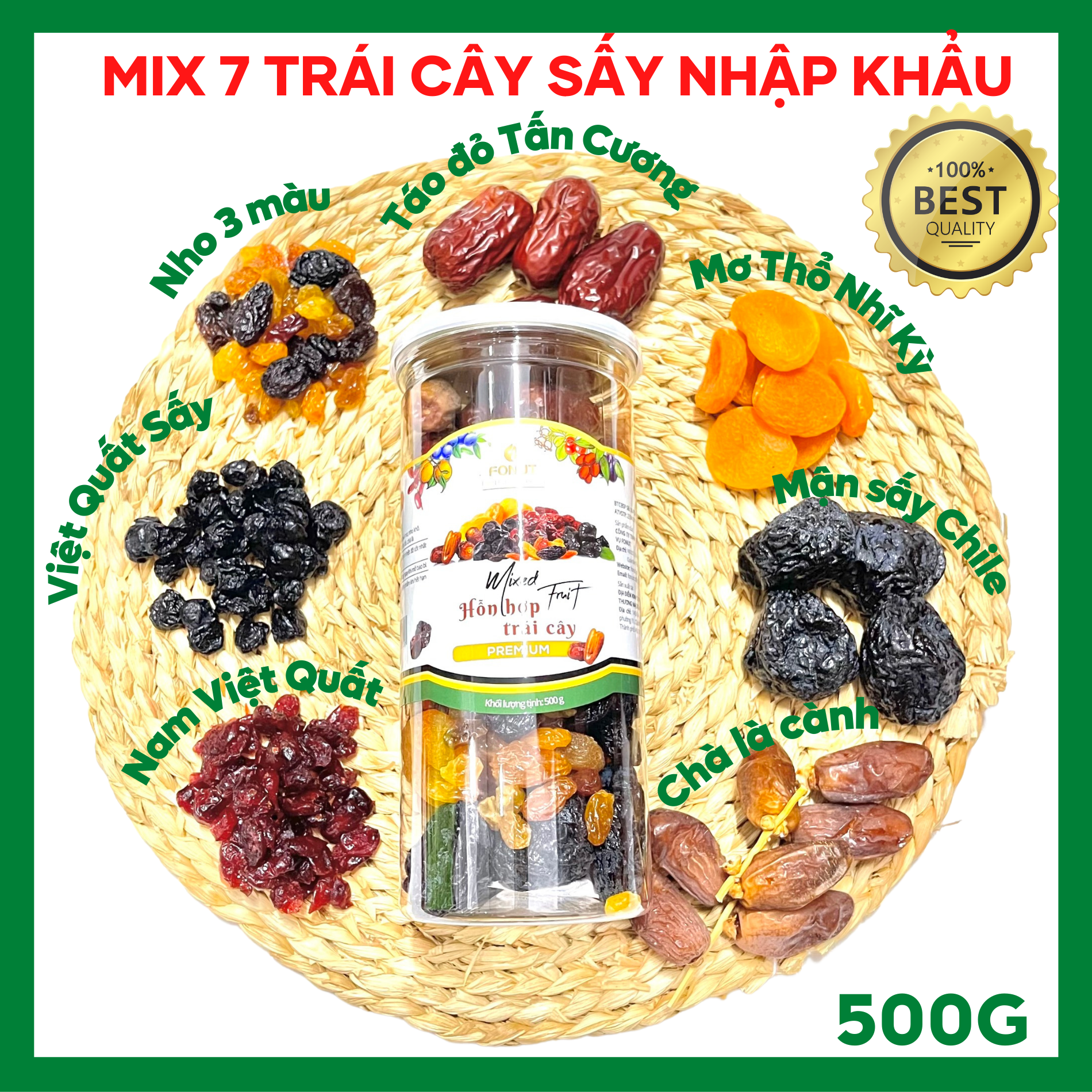 Hỗn hợp Mix 7 Loại Trái Cây Sấy 500g ( Táo đỏ, Chà là nguyên cành, Nho khô, Việt Quất, Nam Việt Quất, Mơ sấy, Mận khô )