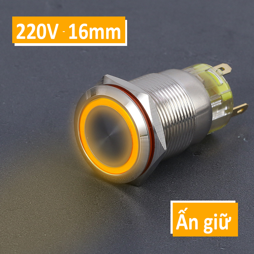 Công tắc nhấn giữ tự khóa có đèn LED 16mm (Điện áp 220V), Chất liệu INOX, Chống ngấm nước