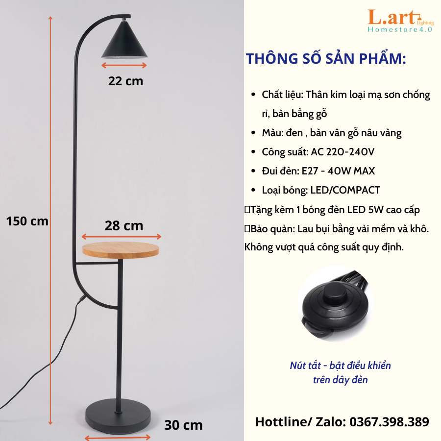 Đèn cây đứng phòng khách 2 trong 1 kèm bàn gỗ tiện lợi sang trọng - DCLA009