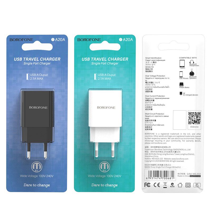 Cóc Sạc BOROFONE BA20A - 1 Cổng USB 2.1A (EU) - Hàng Chính Hãng