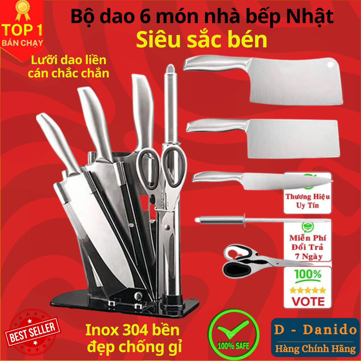 Bộ dao kéo Nhật inox 6 món đúc nguyên khối cao cấp sử dụng cho nhà bếp, kháng khuẩn tốt - tặng kèm bộ để dao thớt Chính hãng D Danido