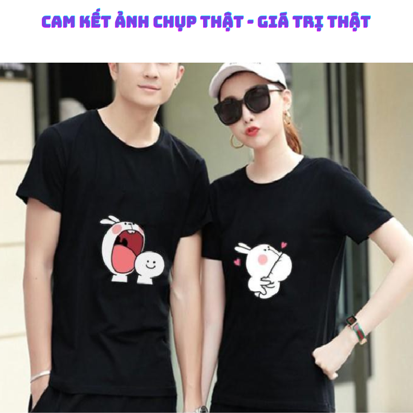 Áo Đôi Nam Nữ TT05, Áo Đôi Phông Rộng In Thỏ Gặm ý Nghĩa, Vải Cotton Thun Thoáng Mát