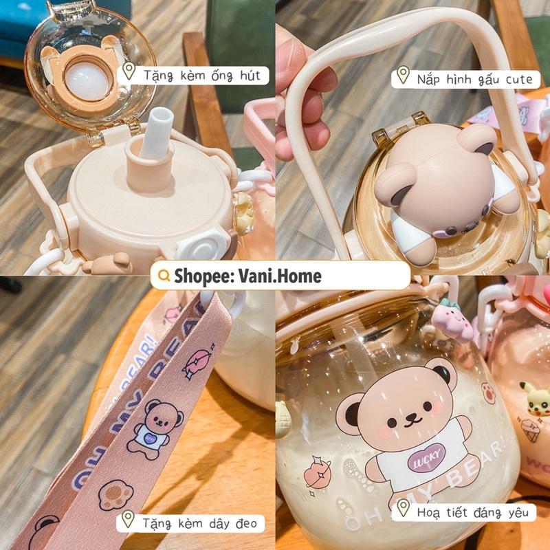 Bình nước hình thú cute mẫu mới 1,3L tặng kèm dây đeo và ống hút - Bình đựng nước hoạt hình dễ thương cho bé có quai đeo