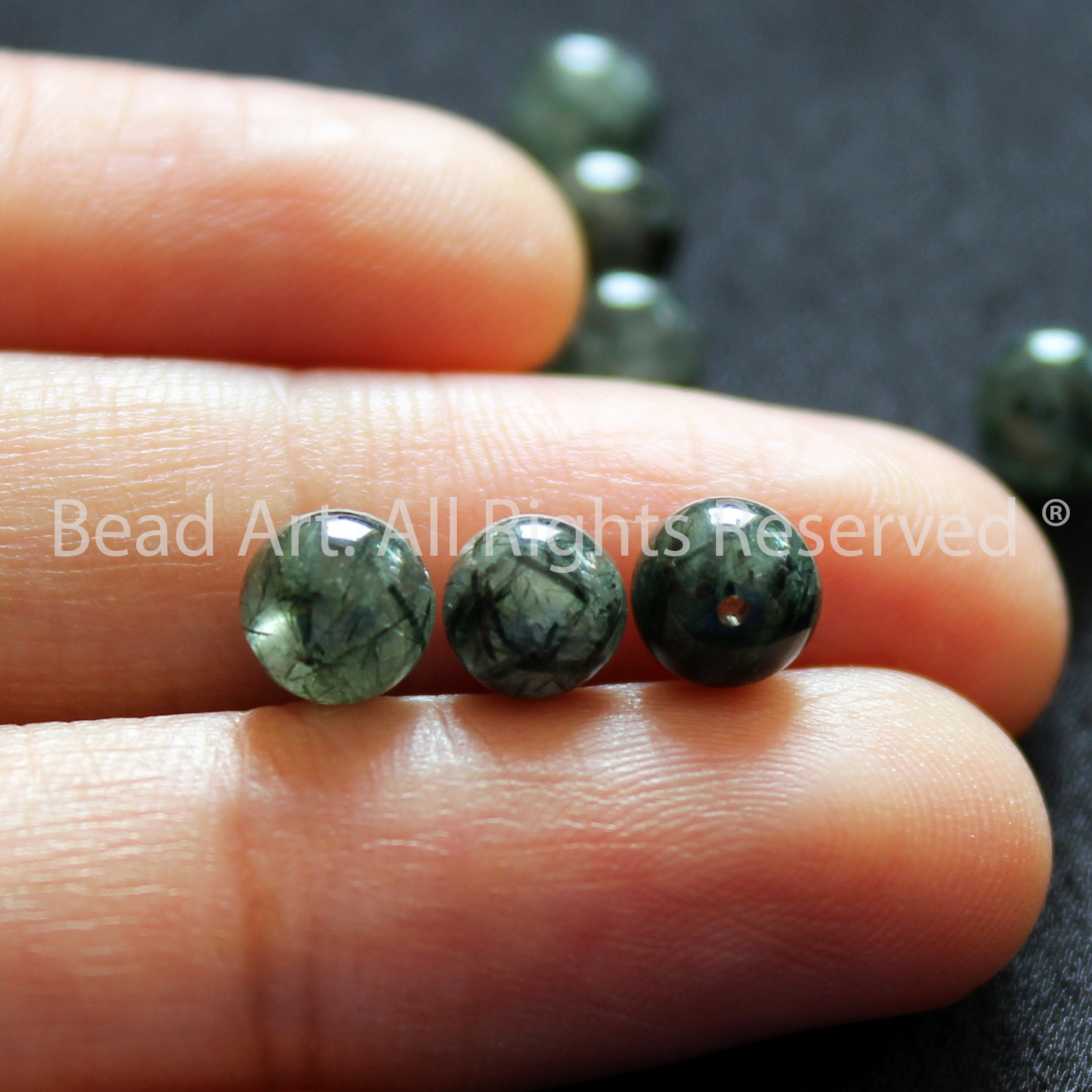 [1 Hạt/3 Hạt/5 Hạt] 6MM Đá Thạch Anh Tóc Xanh Đậm, Green Rutilated Quartz Tự Nhiên Loại A, Mệnh Hoả, Mộc, Đá Phối Vòng Tay Phong Thuỷ, Chuỗi Hạt - Bead Art