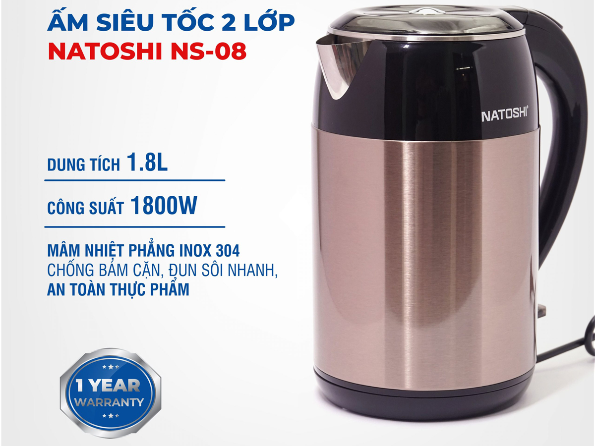 Ấm siêu tốc Natoshi NS-08 - 1.8 lít - Hàng chính hãng