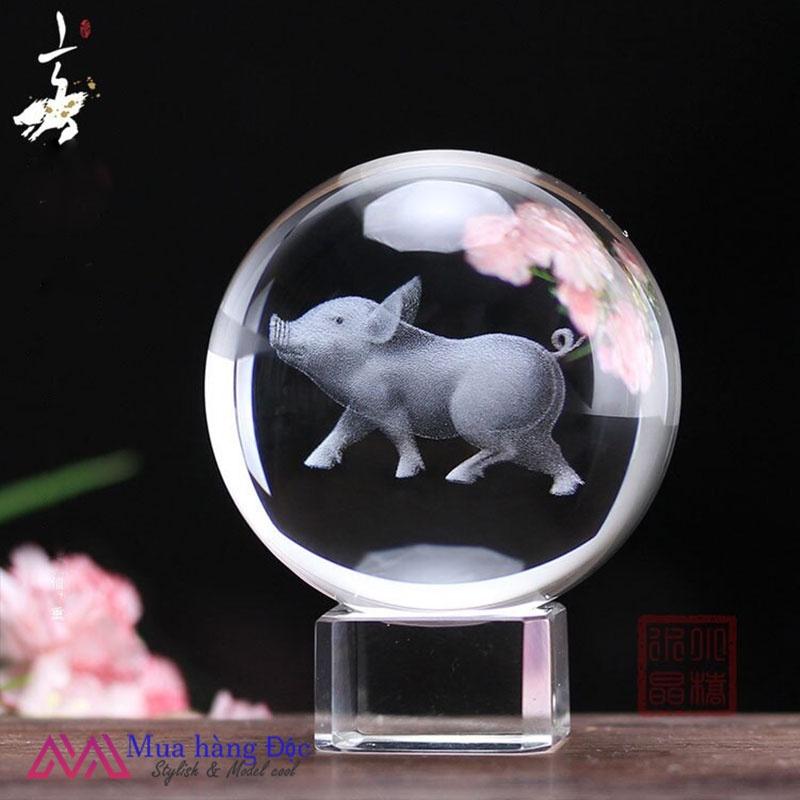 Bộ Quà Tặng Quả Cầu Pha Lê 3D larser LED 12 Con Giáp Tuổi Hợi