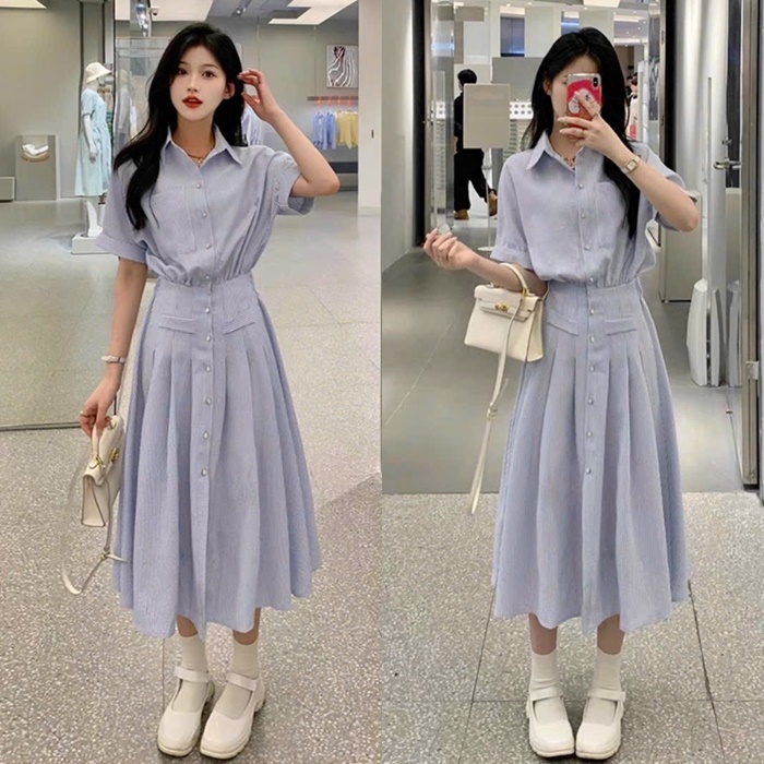 ĐẦM DÀI MIDI SUÔNG CỔ SƠ MI XANH BABY BLUE PASTEL SỌC TAY NGẮN XẾP LY XÒE MAXI DẠO PHỐ ĐI TIỆC ĐI BIỂN ĐI CHƠI CÔNG SỞ