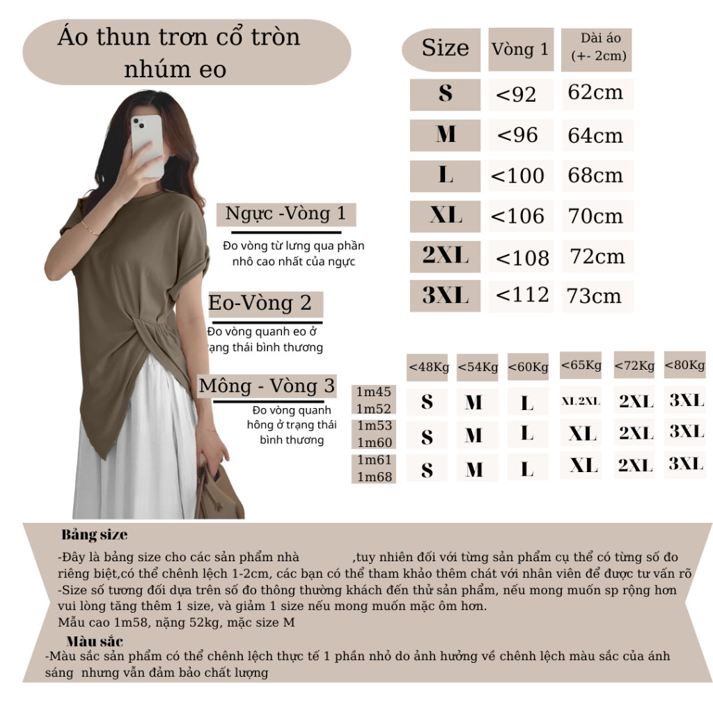 Áo thun nữ trơn cổ tròn nhúm eo vạt chéo chất thun mềm mịn 3112