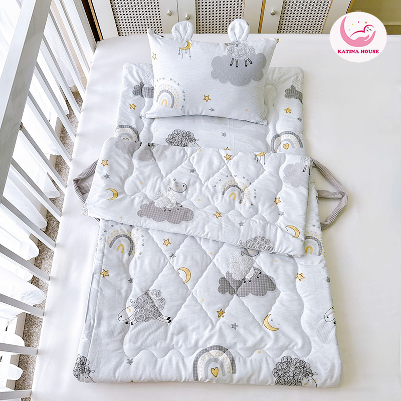 Combo Chăn Gối Nệm 5in1 gấp gọn cho bé đi học Katina House, vải Tencel Micro mềm mát, dày dặn êm ái