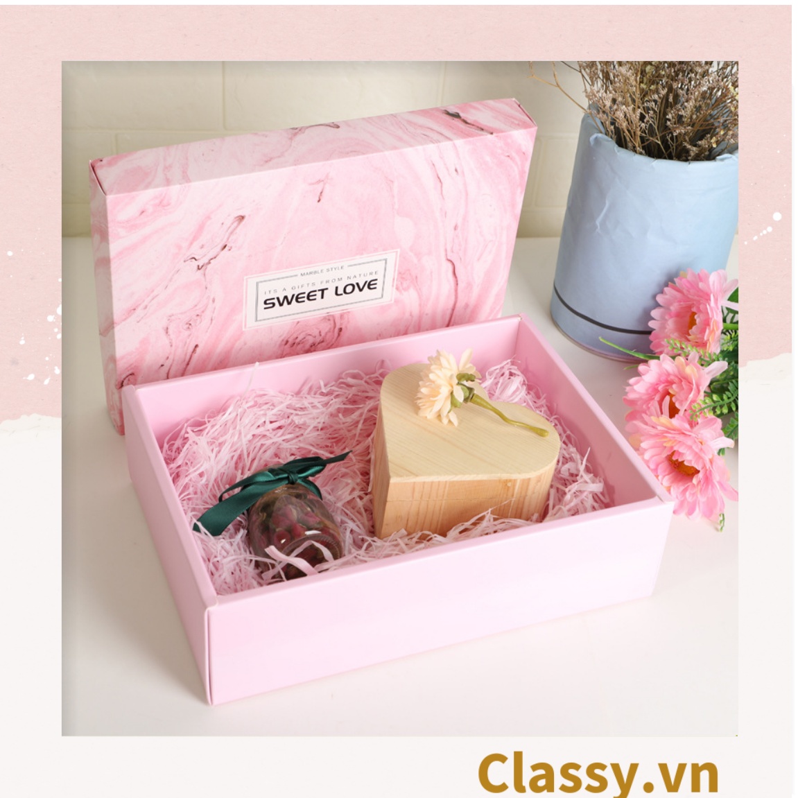 XÉ LẺ Túi giấy hoặc Hộp quà Làm quà tặng 30,5x22x8,5cm hoạ tiết cẩm thạch in chữ SWEET LOVE Q757