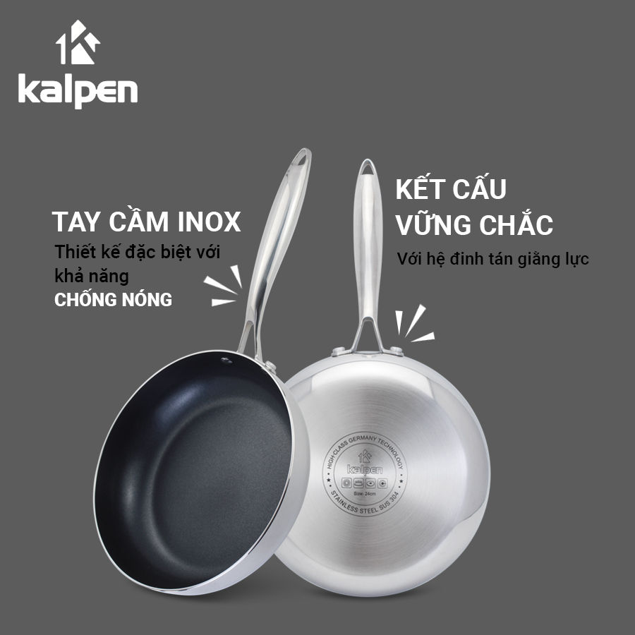 Chảo inox 3 lớp đúc liền khối chống dính Kalpen Kazler 20/24/26/28/30cm - Hàng chính hãng