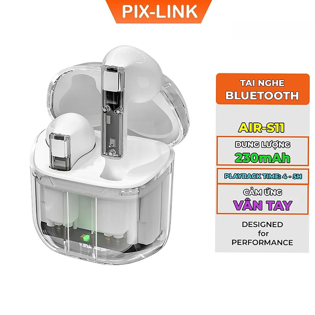 Tai Nghe Bluetooth PIX-LINK Air-S11 Bluetooth 5.3 Không Dây Cảm Ứng Vân Tay, Âm Bass Trầm Ấm Sống Động, Chống Ồn - Hàng chính hãng / Hàng nhập khẩu