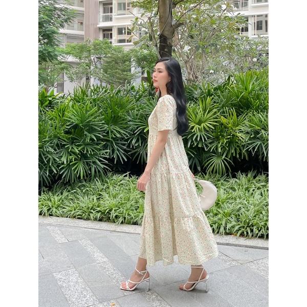 Đầm dài cô vuông hoa nhí- Thiết kế từ