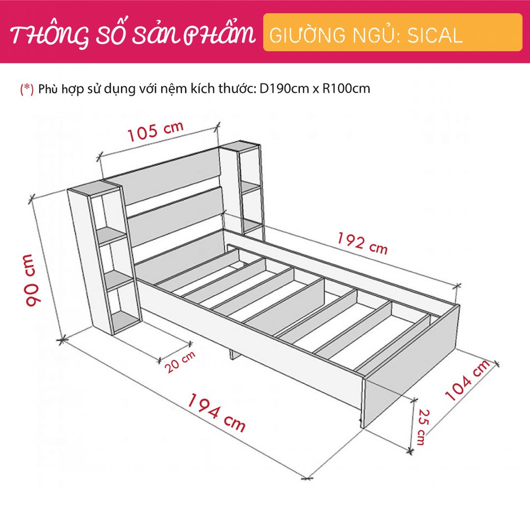 Giường ngủ gỗ hiện đại SMLIFE Sical | Gỗ MDF dày 17mm chống ẩm | D194xR145xC90cm