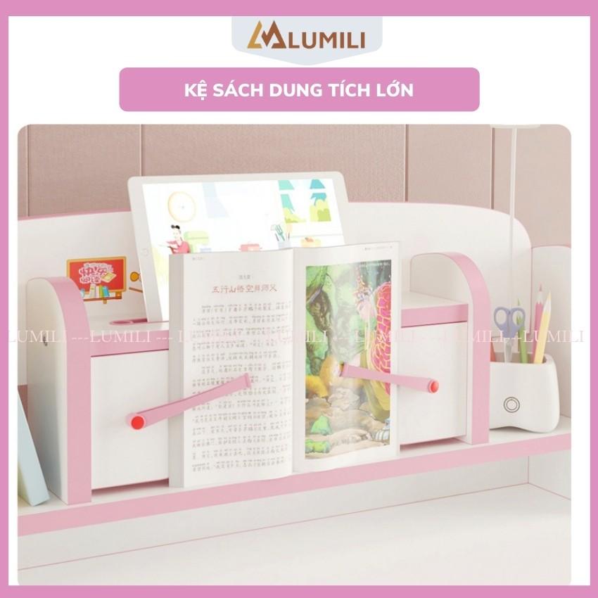 Bàn ghế học sinh Lumili D2 có giá sách chống gù chống cận, bàn học thông minh kèm kệ sách phù hợp cho học sinh tiểu học